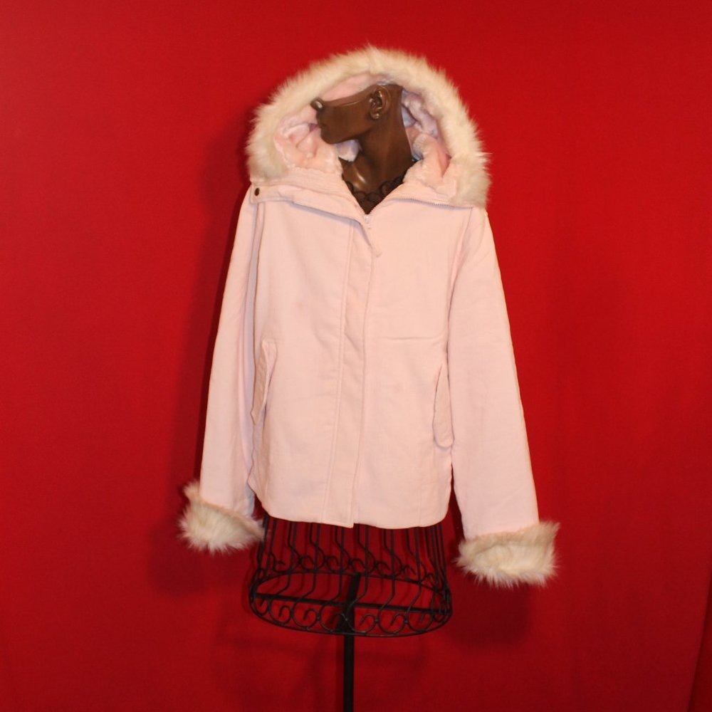 Soft & Warm Pink Corduroy Hooded Jacket with Fur Trim